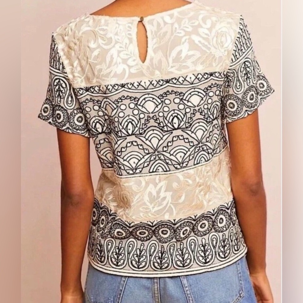 MEADOW RUE OFF-WHITE WITH BLACK EMBROIDERY SEQUINS BOXY SHORT SLEEVE SHIRT SZ 8 - Picture 7 of 8